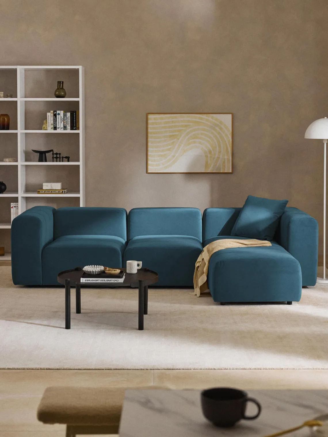 Sofás Rinconeras|Sofás>Westwing Collection Sofá modular de terciopelo con reposapiés Lena (4 plazas) Terciopelo azul petróleo