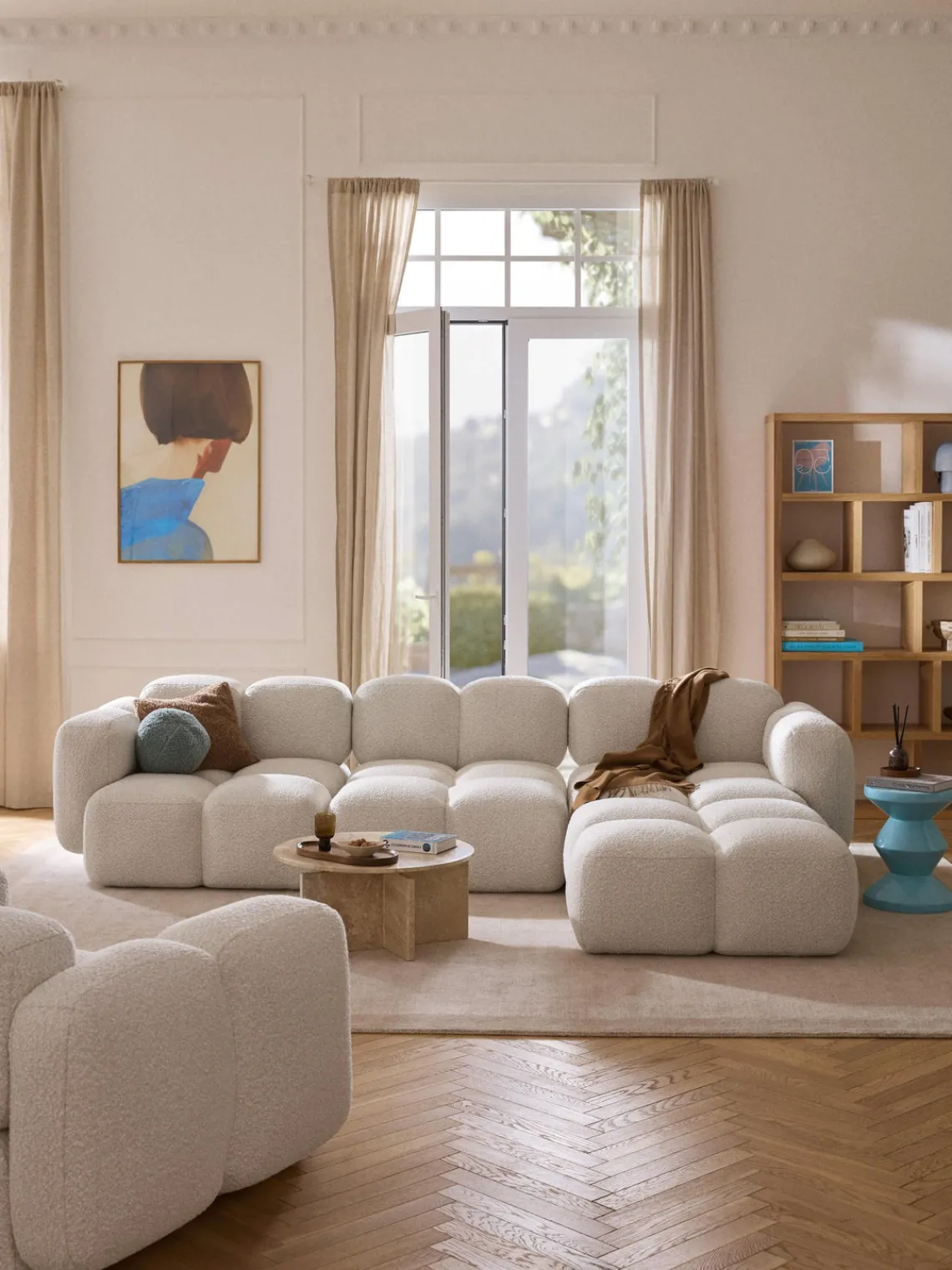 Sofás Rinconeras|Sofás>Westwing Collection Sofá modular en tejido bouclé con reposapiés Tayla (4 plazas) Bouclé blanco Off White