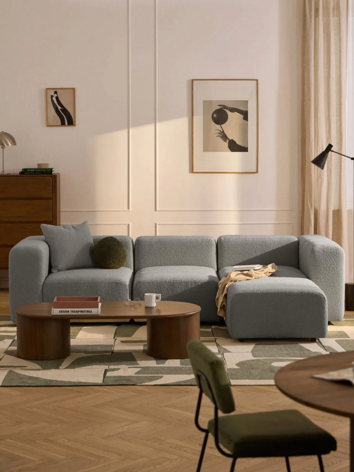 Sofás Rinconeras|Sofás>Westwing Collection Sofá modular en tejido bouclé con reposapiés izquierdo/derecho Lena (4 plazas) Bouclé gris