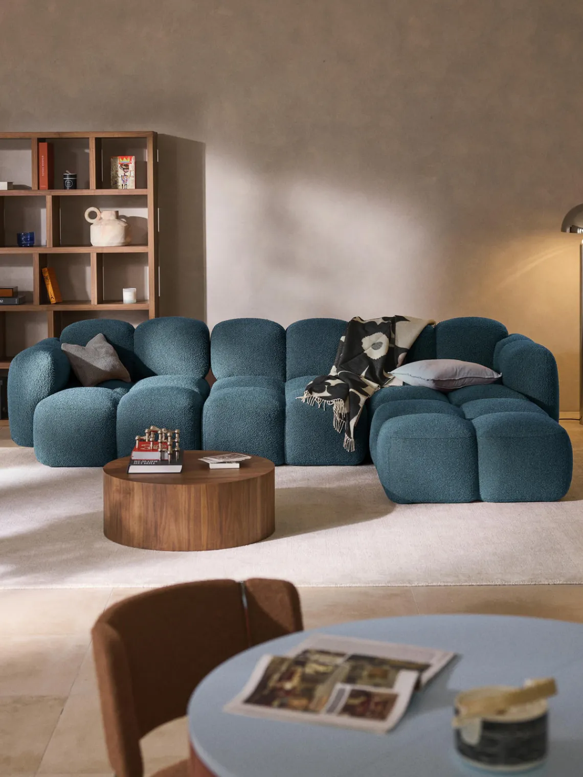 Sofás Rinconeras|Sofás>Westwing Collection Sofá modular en tejido bouclé con reposapiés Tayla (4 plazas) Bouclé gris azulado