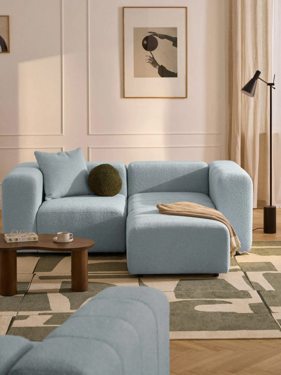 Sofás Rinconeras|Sofás>Westwing Collection Sofá modular en tejido bouclé Lena (3 plazas), con reposapiés Bouclé azul claro