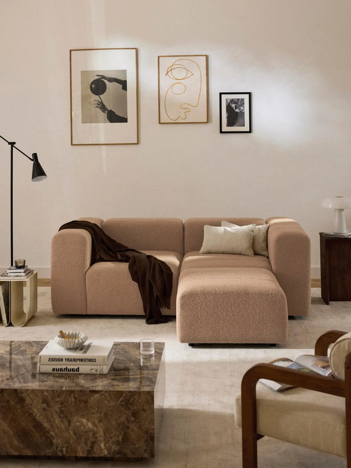 Sofás Rinconeras|Sofás>Westwing Collection Sofá modular en tejido bouclé con reposapiés izquierdo/derecho Lena (3 plazas) Bouclé beige