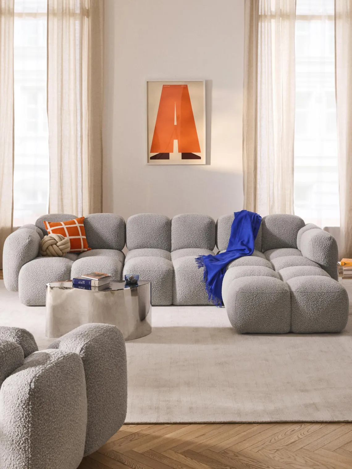 Clearance Sofá modular en tejido bouclé con reposapiés Tayla (4 plazas) Sofás Rinconeras|Sofás