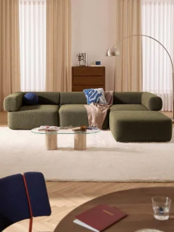 Sofás>Westwing Collection Sofá modular en tejido bouclé Anton (4 plazas), con reposapiés (izquierda/derecha) Bouclé verde oliva