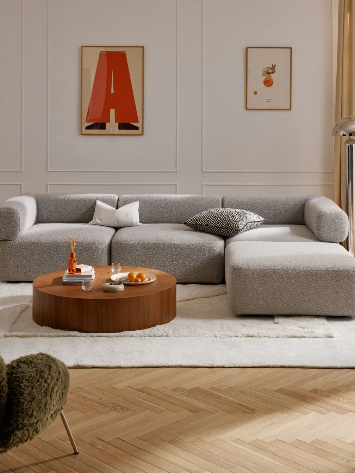 Discount Sofá modular en tejido bouclé Anton (4 plazas), con reposapiés (izquierda/derecha) Sofás