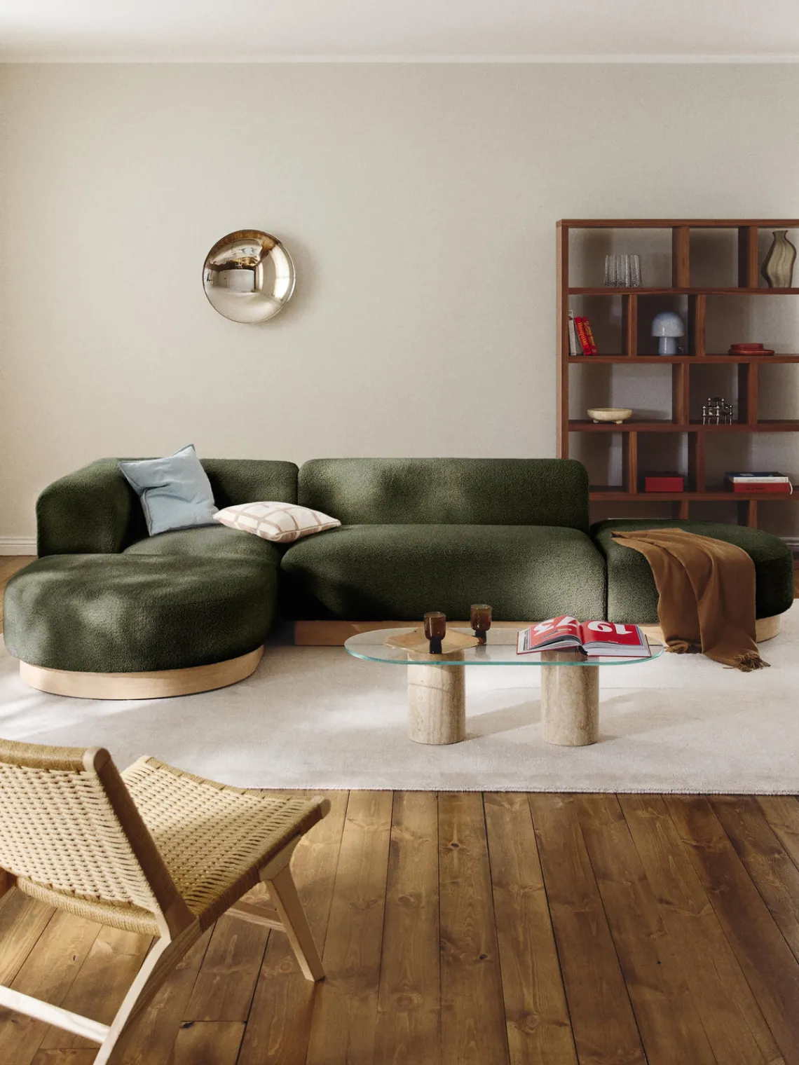 Sofás Rinconeras|Sofás>Westwing Collection Sofá rinconera de borreguillo bouclé Natalie Borreguillo bouclé verde oscuro, madera de haya clara