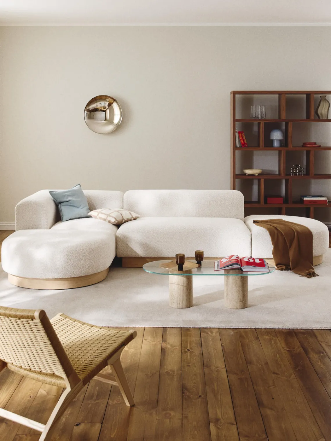 Sofás Rinconeras|Sofás>Westwing Collection Sofá rinconera de borreguillo bouclé Natalie Borreguillo bouclé blanco Off White, madera de haya clara