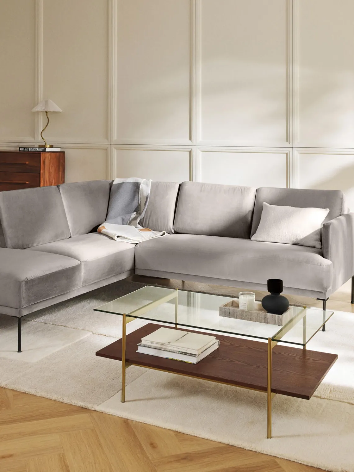 Sofás Rinconeras|Sofás>Westwing Collection Sofá rinconera de terciopelo Fluente Terciopelo greige