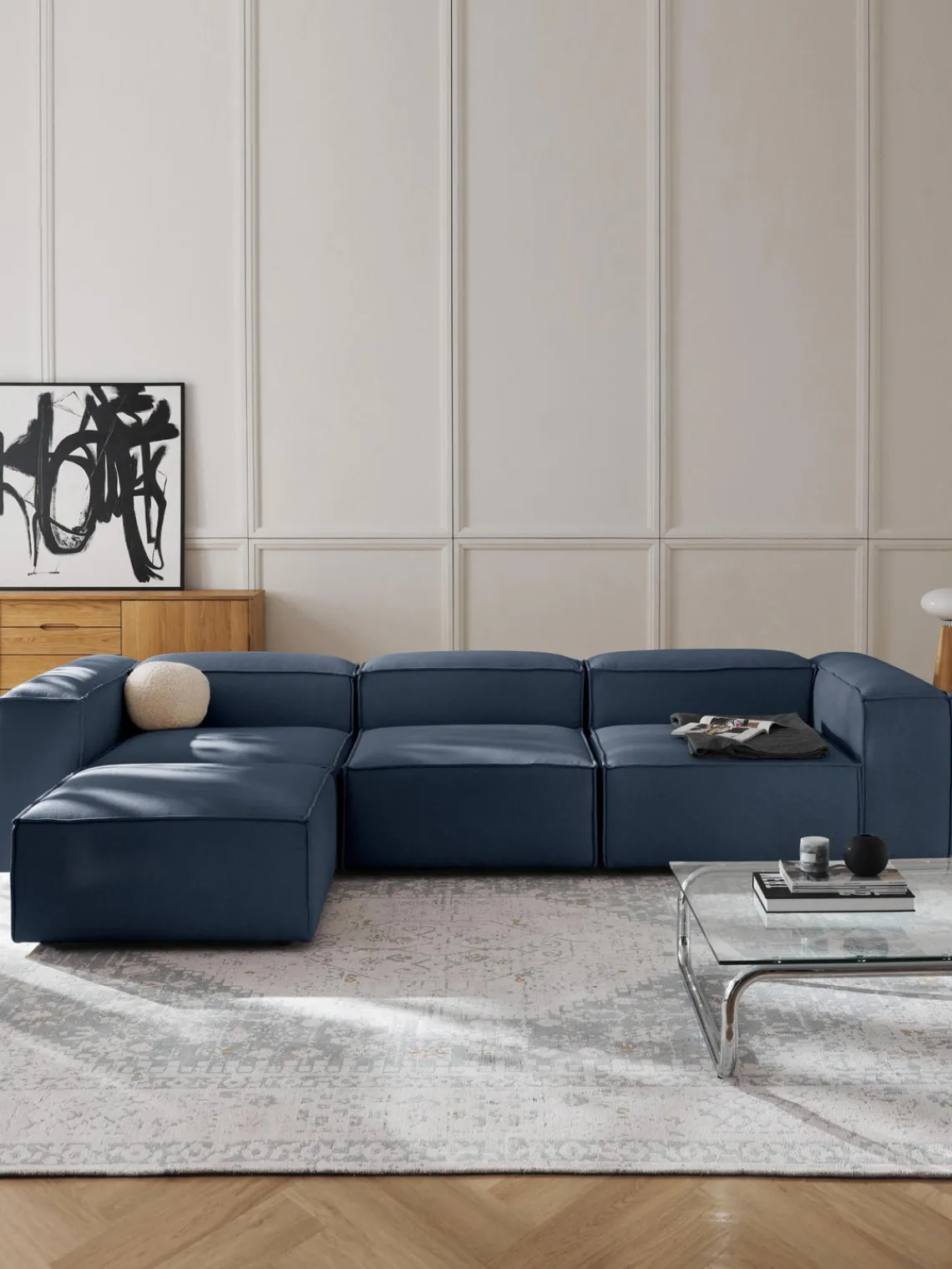 Sofás 4 Plazas|Sofás>Westwing Collection Sofá rinconera modular con reposapiés izquierdo/derecho Lennon (4 plazas) Tejido azul oscuro