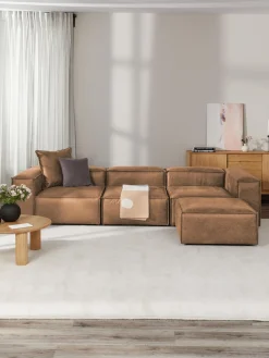 Sofás 4 Plazas|Sofás>Westwing Collection Sofá rinconera modular de cuero reciclado con reposapiés izquierdo/derecho Lennon (4 plazas) Cuero marrón