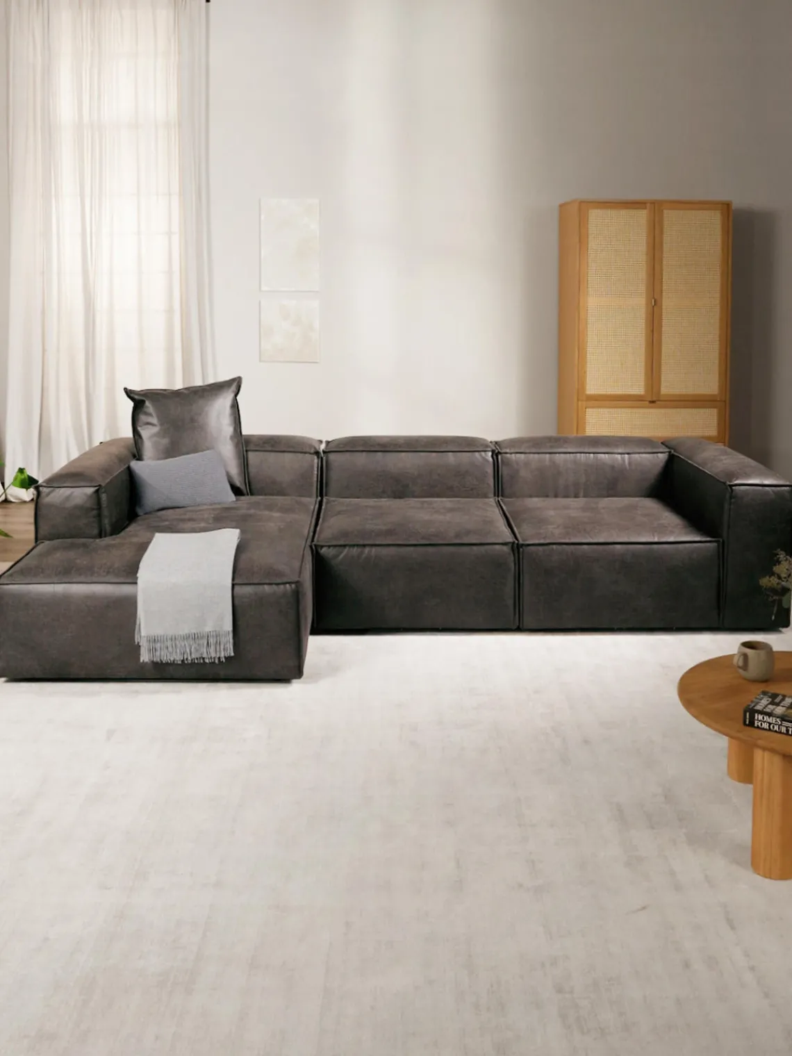 Sofás>Westwing Collection Sofá rinconera modular de cuero reciclado Lennon Cuero taupe