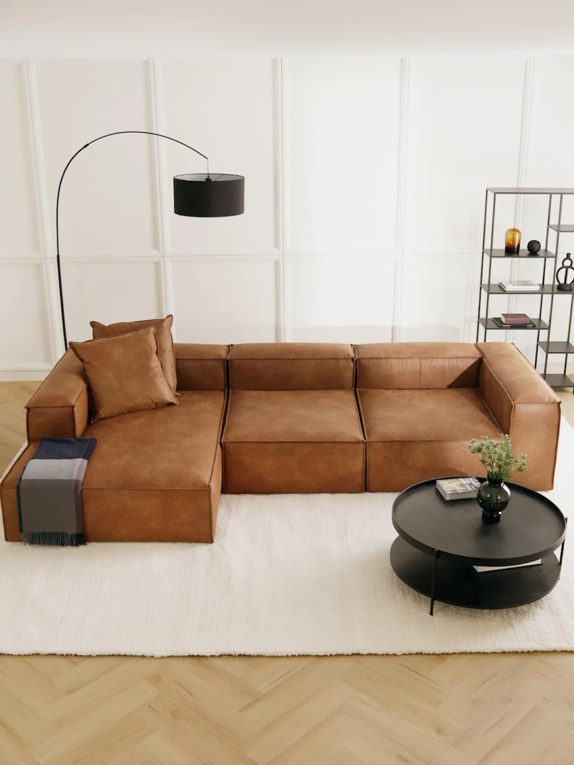 Sofás>Westwing Collection Sofá rinconera modular de cuero reciclado Lennon Cuero marrón