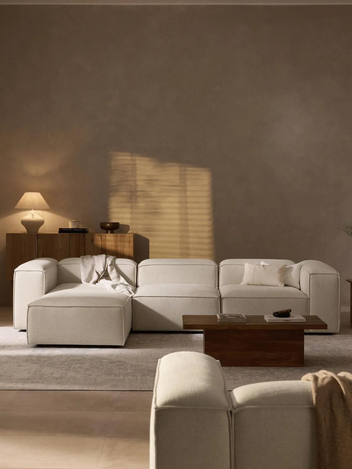 Sofás 4 Plazas|Sofás>Westwing Collection Sofá rinconera modular de mezcla de lino con reposapiés izquierdo/derecho Lennon (4 plazas) Mezcla de lino beige