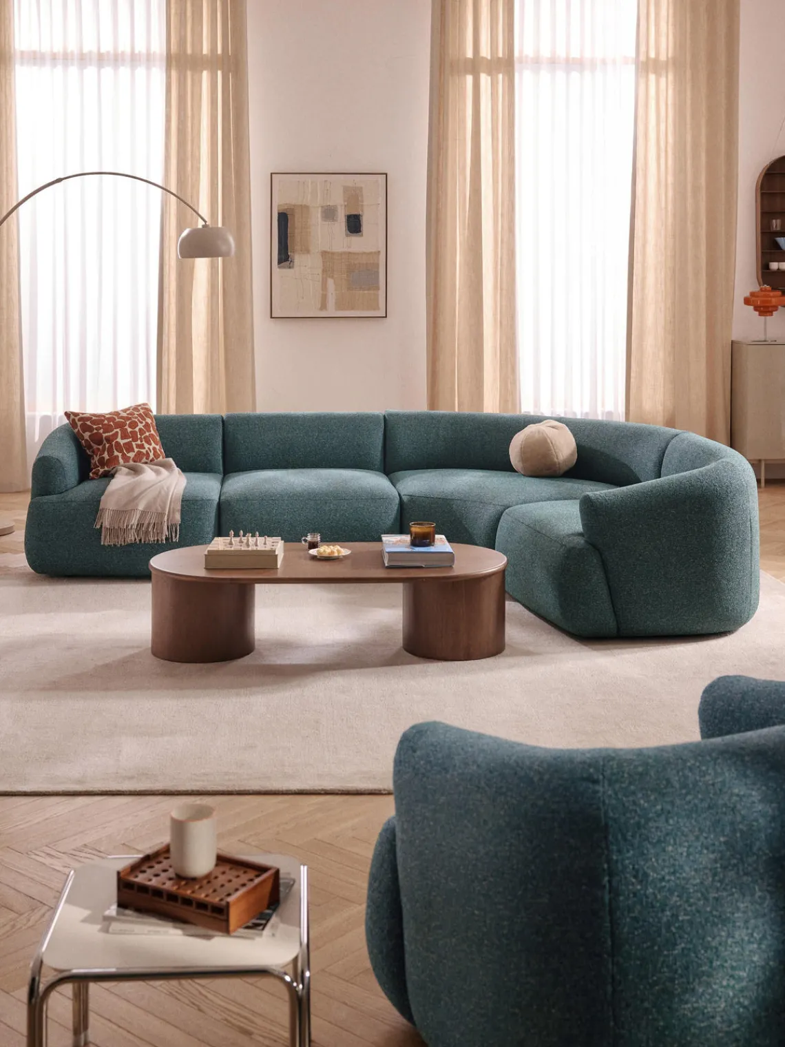 Sofás Rinconeras|Sofás>Westwing Collection Sofá rinconera modular en tejido bouclé Sofia (4 plazas) Bouclé jaspeado azul petróleo