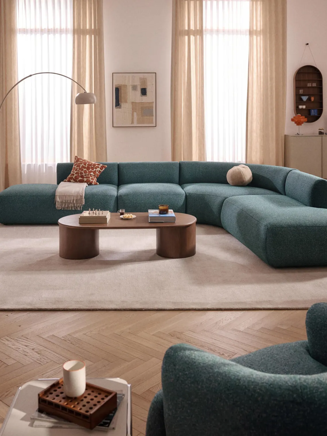 Sofás Rinconeras|Sofás>Westwing Collection Sofá rinconera modular en tejido bouclé Sofia (4 plazas) Bouclé jaspeado azul petróleo