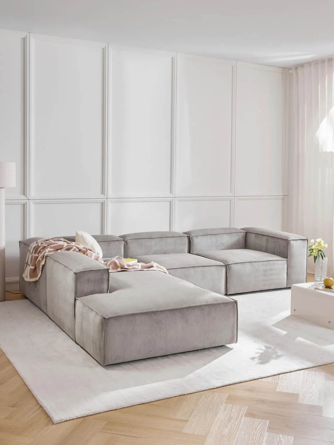 Sofás>Westwing Collection Sofá rinconera modular grande de pana Lennon Pana gris