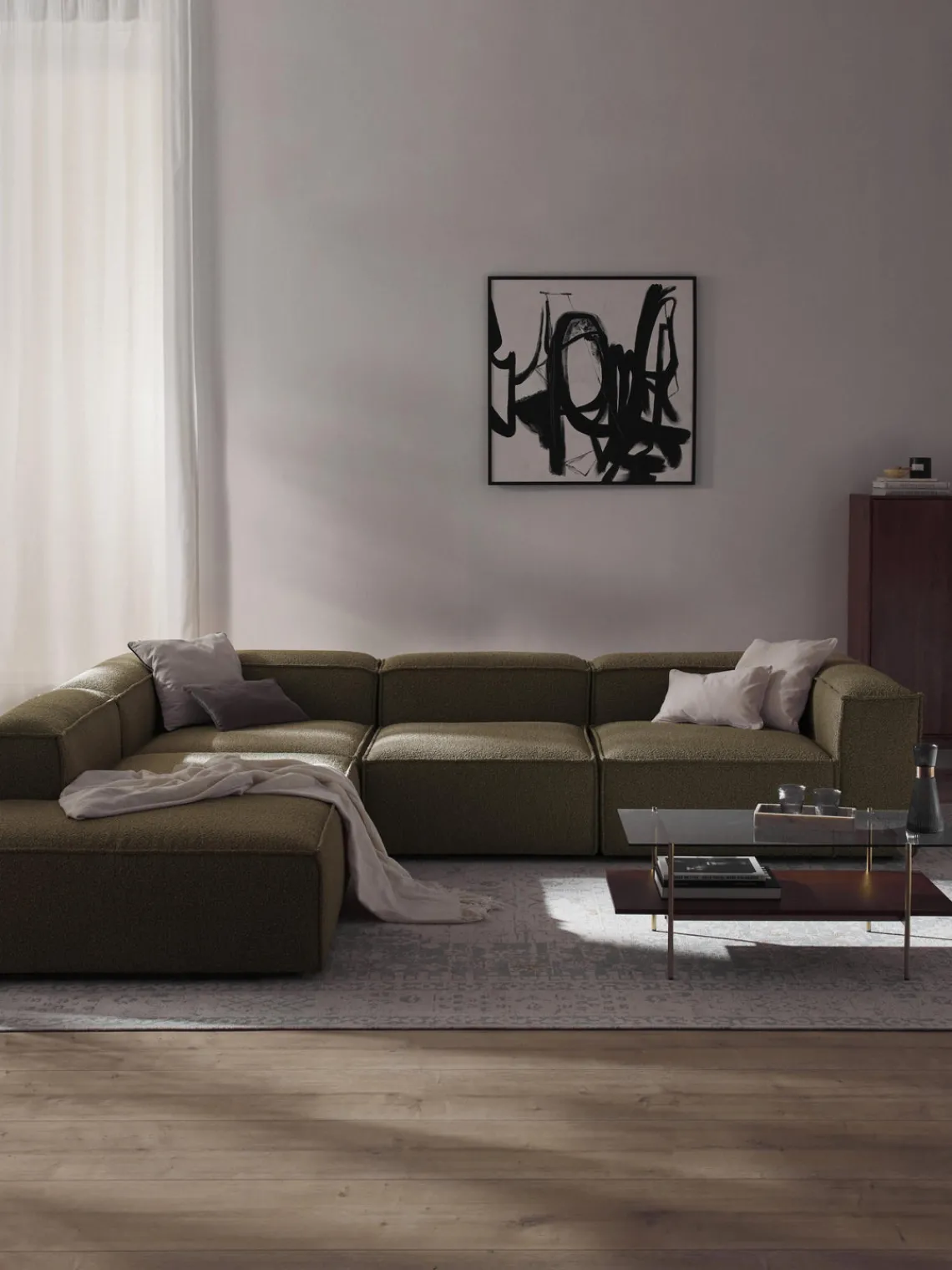 Sofás>Westwing Collection Sofá rinconera modular grande en tejido bouclé Lennon Bouclé verde oliva