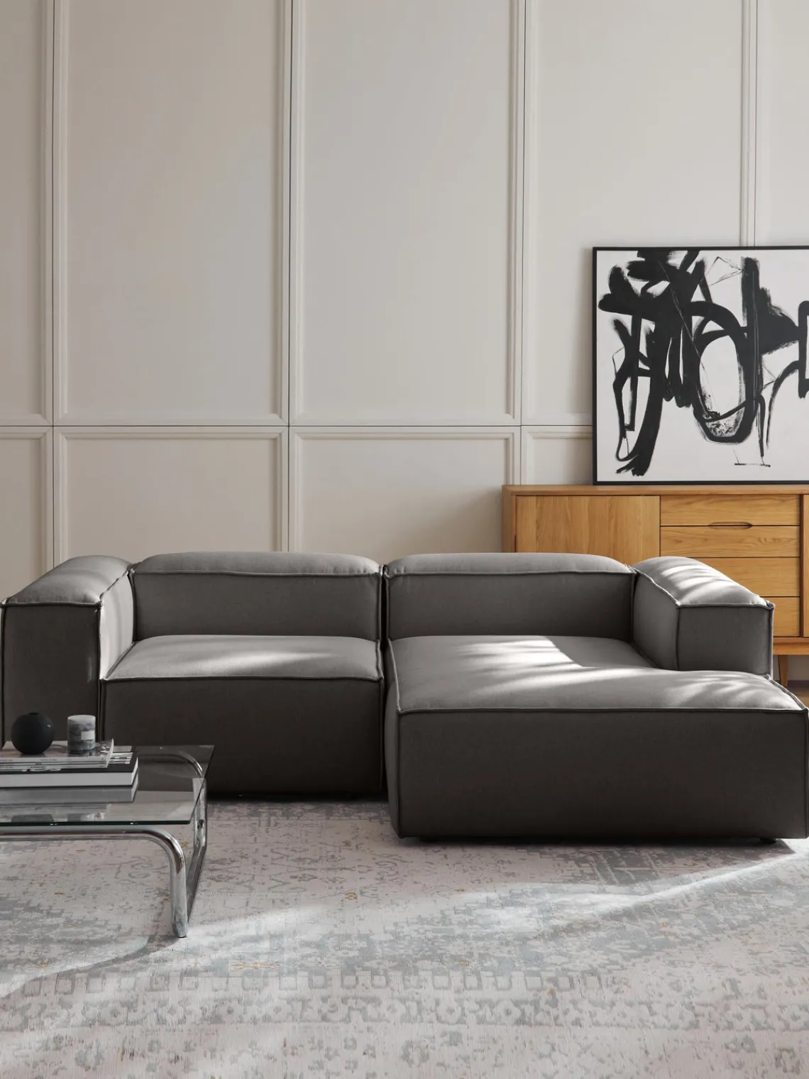 Sofás>Westwing Collection Sofá rinconera modular Lennon Tejido gris antracita