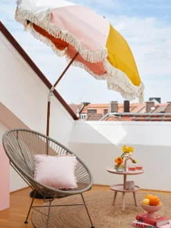 Sombrillas|Sombrillas>Business & Pleasure Sombrilla con flecos plegable Retro, Ø 180 cm Ocre, rosa claro, negro, blanco crema