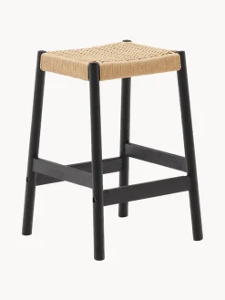 Outlet Taburete alto de madera de roble con asiento trenzado Yalia Pufs Y Otomanos|Pufs Y Otomanos