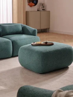 Reposapiés|Sofás>Westwing Collection Taburete en tejido bouclé Sofia Bouclé jaspeado, azul petróleo