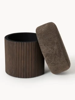 Pufs Y Otomanos|Pufs Y Otomanos>Westwing Collection Taburete pequeño tapizado en borreguillo bouclé con espacio de almacenamiento Nala Tejido borreguillo bouclé taupe, madera de fresno oscura