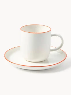 Tazas Y Mugs|Vajillas Completas>Westwing Collection Tazas con platitos de porcelana Facile, 2 uds. Blanco Off White con borde naranja