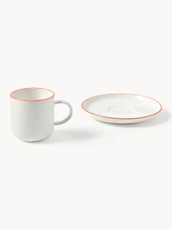 Tazas Y Mugs|Vajillas Completas></noscript>Westwing Collection Tazas con platitos de porcelana Facile, 2 uds. Blanco Off White con borde naranja