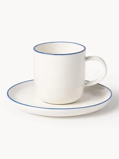 Tazas Y Mugs|Vajillas Completas>Westwing Collection Tazas con platitos de porcelana Facile, 2 uds. Blanco Off White con borde azul oscuro