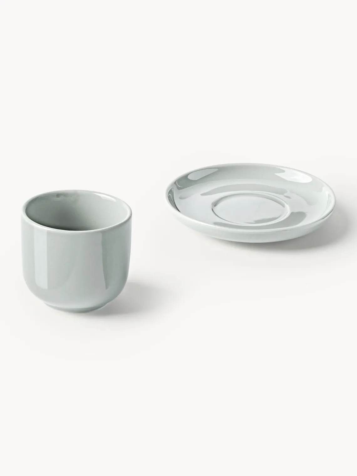 Tazas De Espresso|Vajillas Completas>Westwing Collection Tazas de café espresso con platitos de porcelana Nessa, 4 uds. Gris claro brillante