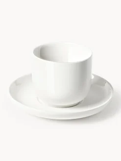 Tazas De Espresso|Vajillas Completas>Westwing Collection Tazas de café espresso de porcelana con platitos Nessa, 4 uds. Blanco Off White brillante