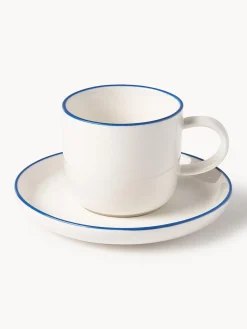 Tazas De Espresso|Vajillas Completas>Westwing Collection Tazas espresso con platitos de porcelana Facile, 2 uds. Blanco Off White con borde azul oscuro