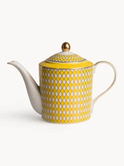 Teteras|Vajillas Completas>POLSPOTTEN Tetera artesanal de porcelana Chess, 1,1 L Amarillo sol, blanco Off White, dorado