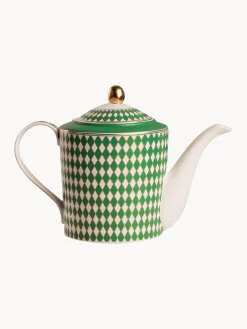 Teteras|Vajillas Completas>POLSPOTTEN Tetera artesanal de porcelana Chess, 1,1 L Verde, blanco Off White, dorado