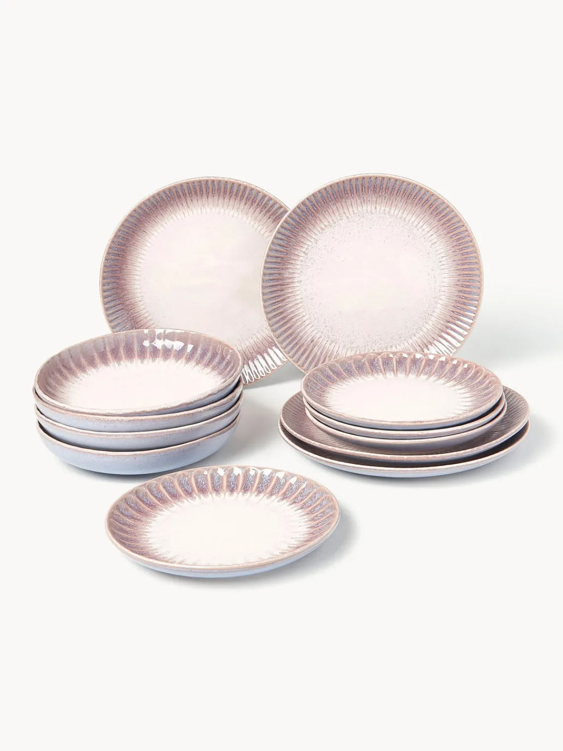 Vajillas Completas|Menaje De Mesa>Westwing Collection Vajilla artesanal con esmalte reactivo Vinci, 4 comensales (12 pzas) Lavanda y tonos rosas con gradiente de color