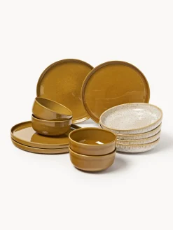 Vajillas Completas|Menaje De Mesa>Westwing Collection Vajilla artesanal con esmalte reactivo Ethel (12 pzas.) Blanco, ocre