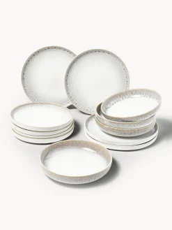 Vajillas Completas|Menaje De Mesa>Westwing Collection Vajilla artesanal con esmalte reactivo Danza, 4 comensales (12 pzas.) Blanco, tonos beige, con gradiente de color