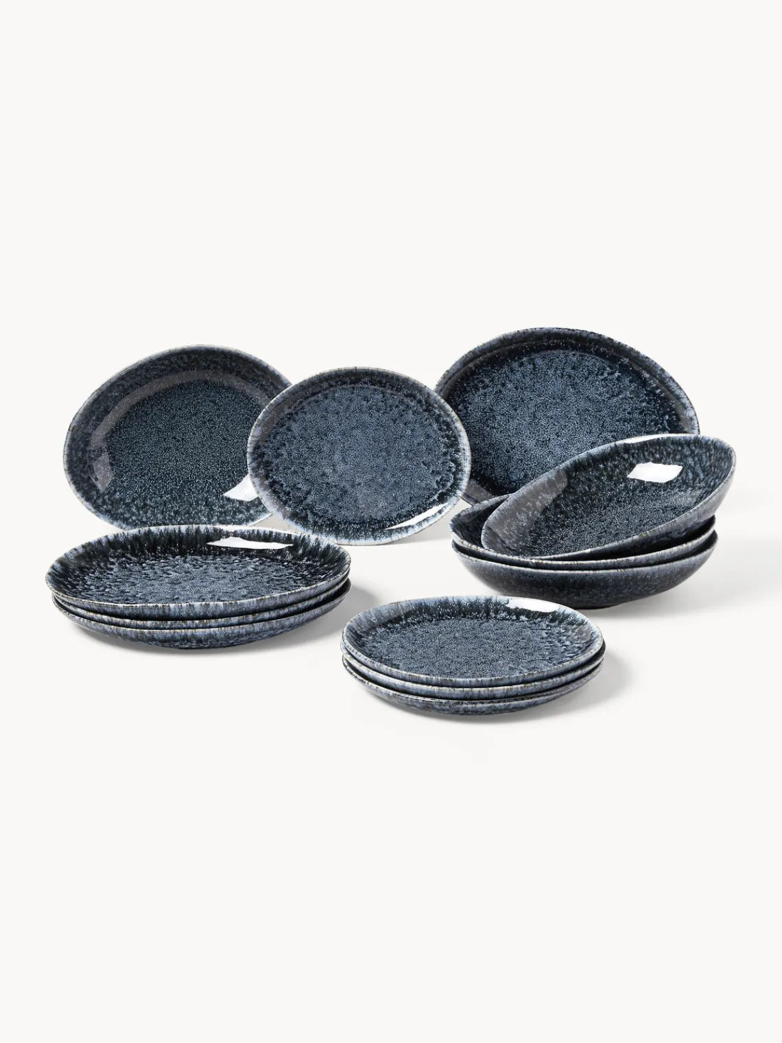 Vajillas Completas|Menaje De Mesa>Westwing Collection Vajilla artesanal en forma orgánica Macey, 4 comensales (12 pzas.) Tonos grises azulados brillantes