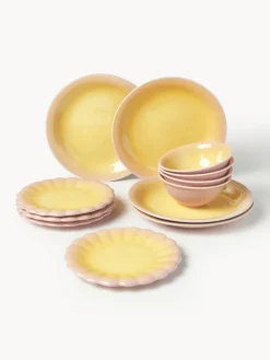 Vajillas Completas|Menaje De Mesa>Westwing Collection Vajilla artesanal Marguerite, 4 comensales, 12 pzas. Rosa claro, amarillo claro