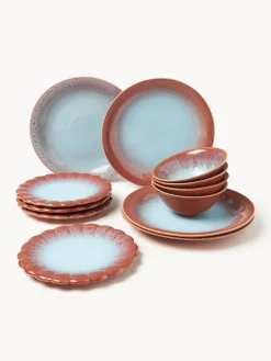 Vajillas Completas|Menaje De Mesa>Westwing Collection Vajilla artesanal Marguerite, 4 comensales, 12 pzas. Terracota, azul claro