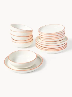 Vajillas Completas|Menaje De Mesa>Westwing Collection Vajilla de porcelana Facile, 6 comensales (18 pzas.) Blanco Off White con borde naranja